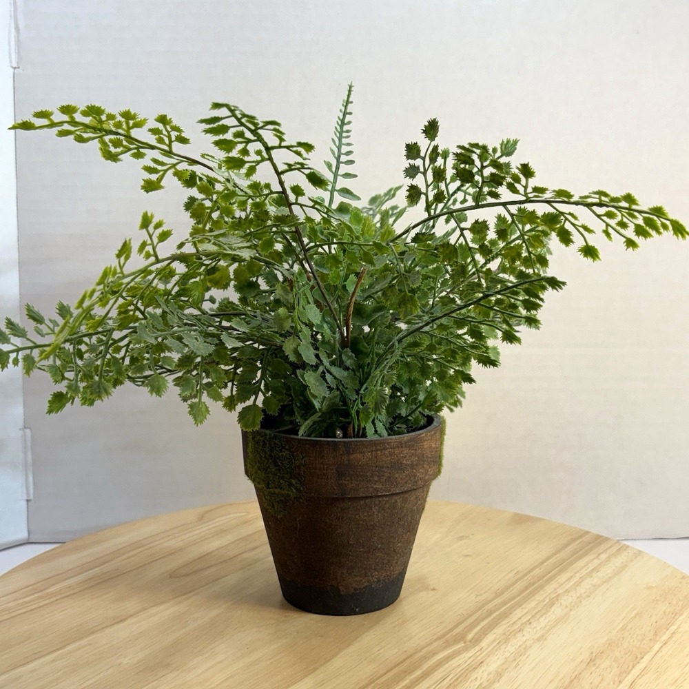 Artificial Fern Floral Arrangement Centerpiece 13in Green Brown Plastic Planter